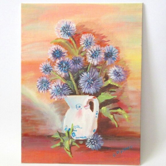 Vintage Blue Thistle In Pitcher Painted Art On Canvas 9 x 12 Signed G Waswo - Picture 1 of 5